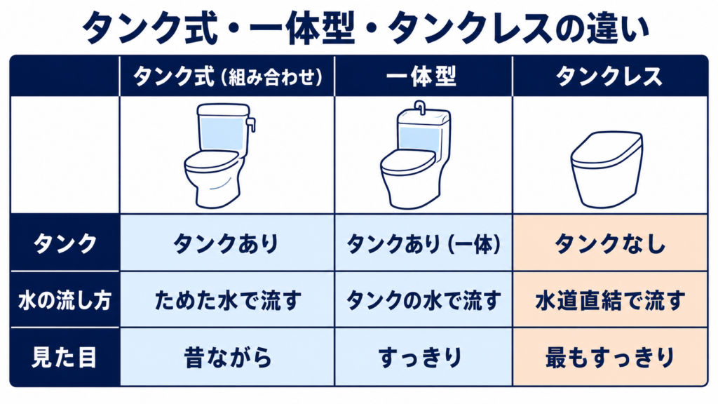 タンクレストイレとは?(タンク式・一体型との違い)