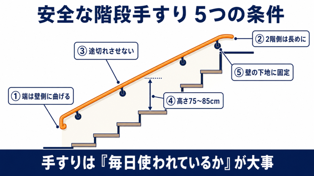 安全な階段手すりの5つの条件の図解