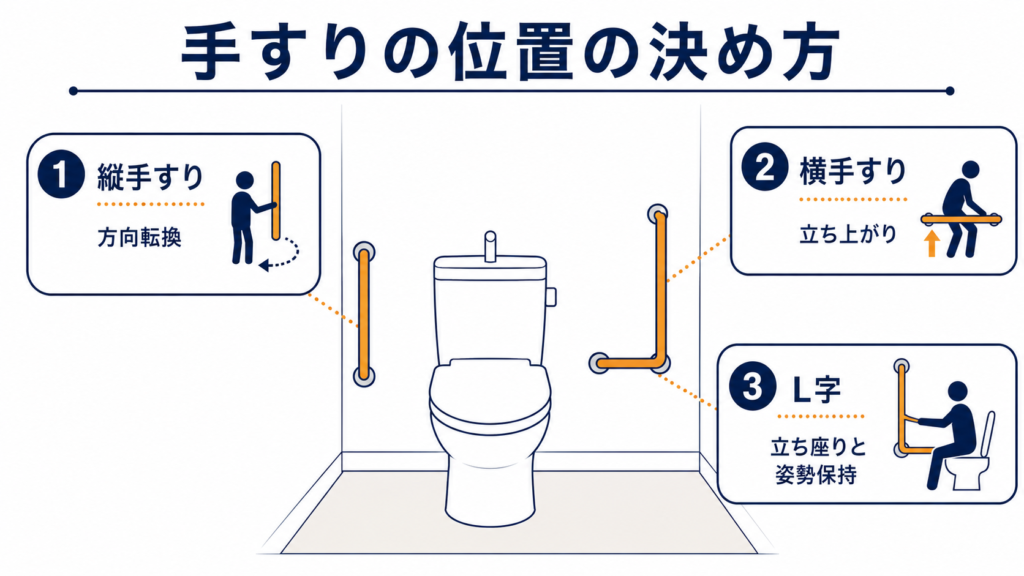 「トイレ手すりの種類と取り付け位置の図解