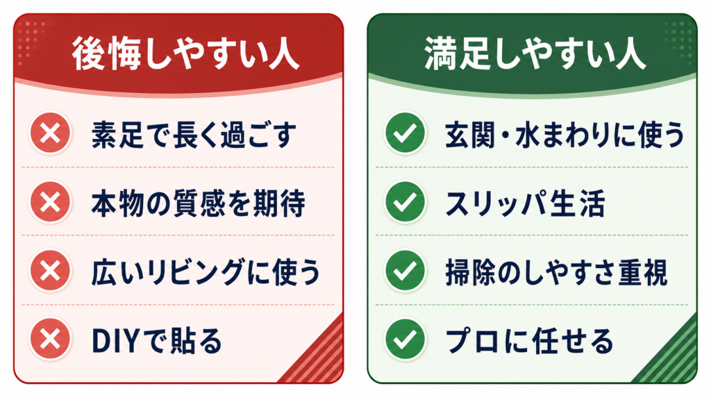 フロアタイルで後悔しやすい人（素足・本物期待・広い居室・DIY）と満足しやすい人（玄関水まわり・スリッパ・掃除重視・プロ施工）の比較図