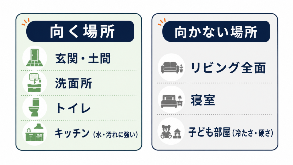 フロアタイルが向く場所と向かない場所／alt：向く場所（玄関・洗面・トイレ・キッチン）と向かない場所（リビング全面・寝室・子ども部屋）を分けた比較図