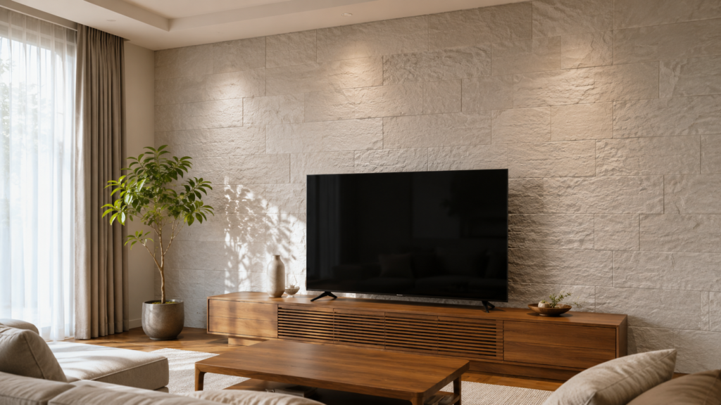 テレビ背面にグレージュのエコカラットを施工した明るいリビング