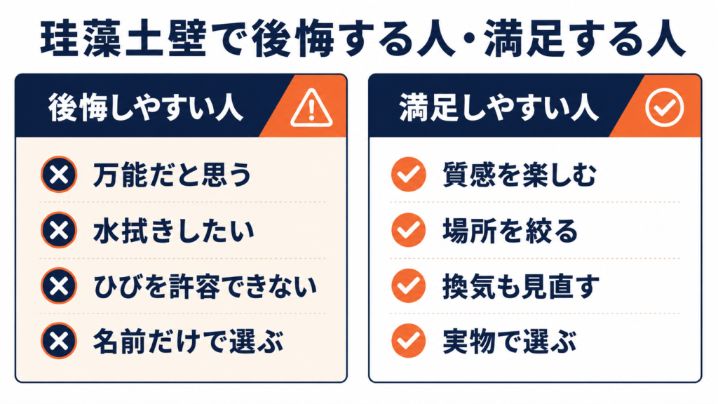 珪藻土壁で後悔しやすい人(万能・水拭き・ひび・名前だけ)と満足しやすい人(質感・場所・換気・実物確認)の比較