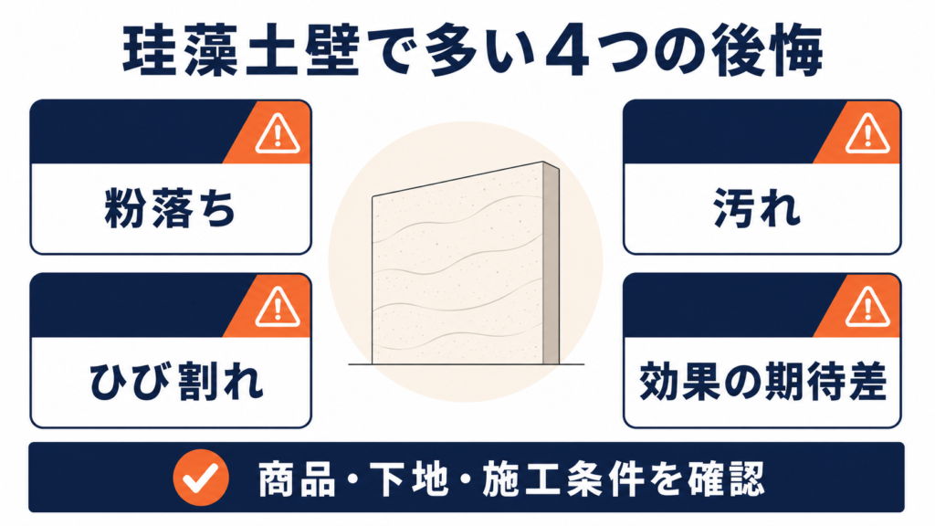 珪藻土壁で多い後悔は粉落ち、汚れ、ひび割れ、効果の期待差で、商品・下地・施工条件の確認が必要