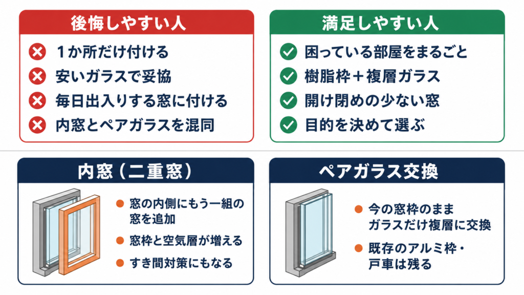 二重窓で後悔しやすい人（1か所だけ・安いガラス・出入りの多い窓・ペアガラスと混同）と満足しやすい人（部屋まるごと・樹脂枠複層ガラス・開閉の少ない窓・目的を決める）の比較図