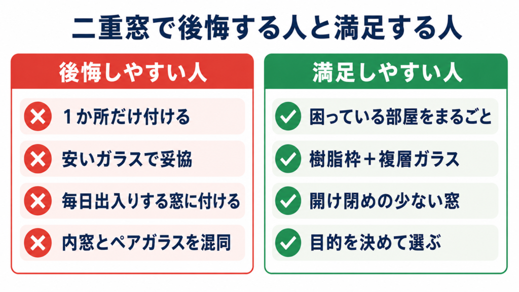 内窓（窓の内側に窓枠と空気層を追加）とペアガラス交換（既存枠のままガラスだけ複層に交換）の違いを示した比較図