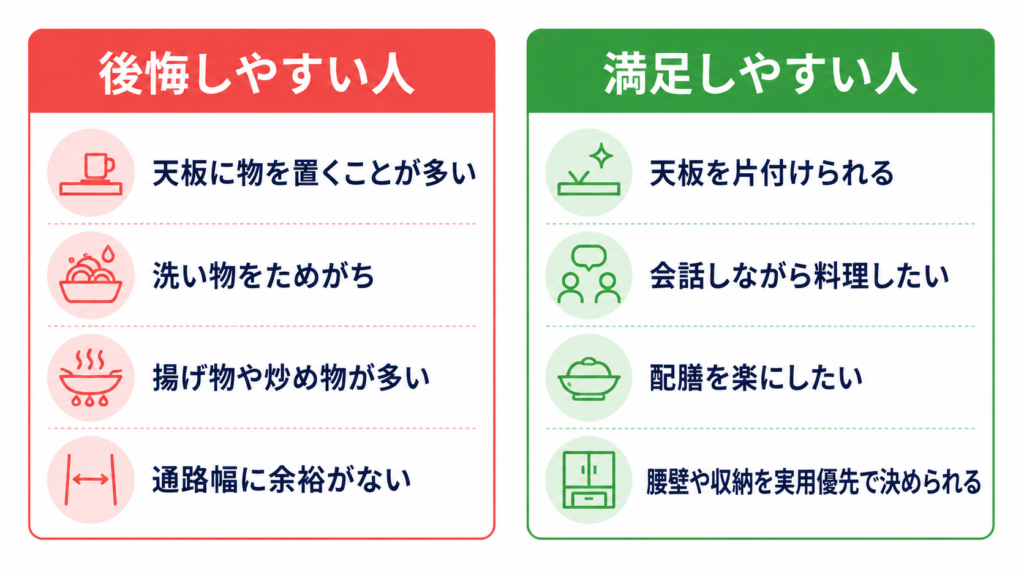 ペニンシュラキッチンの後悔しやすい人、満足しやすい人