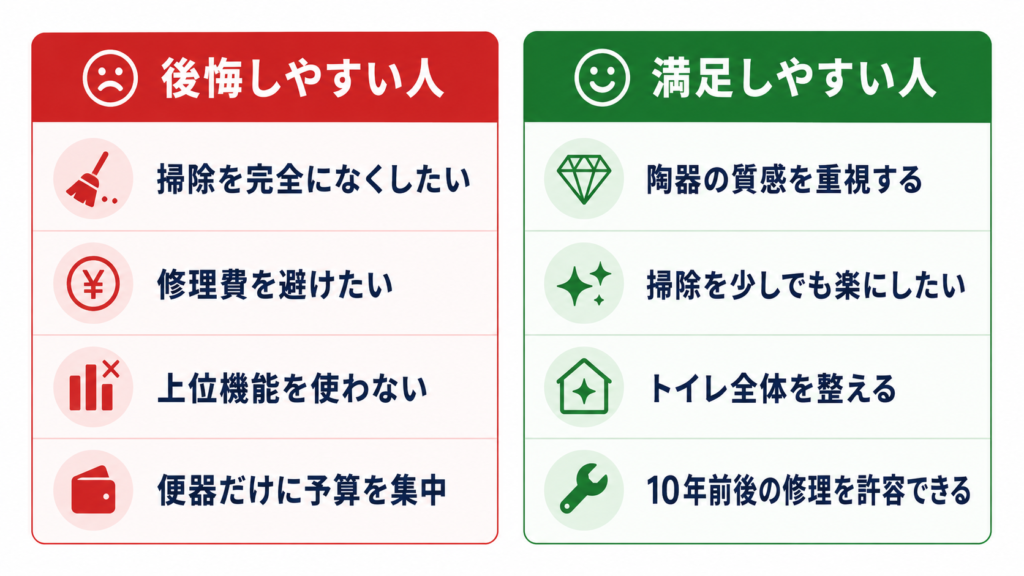 ネオレストで後悔しやすい人と満足しやすい人の比較図