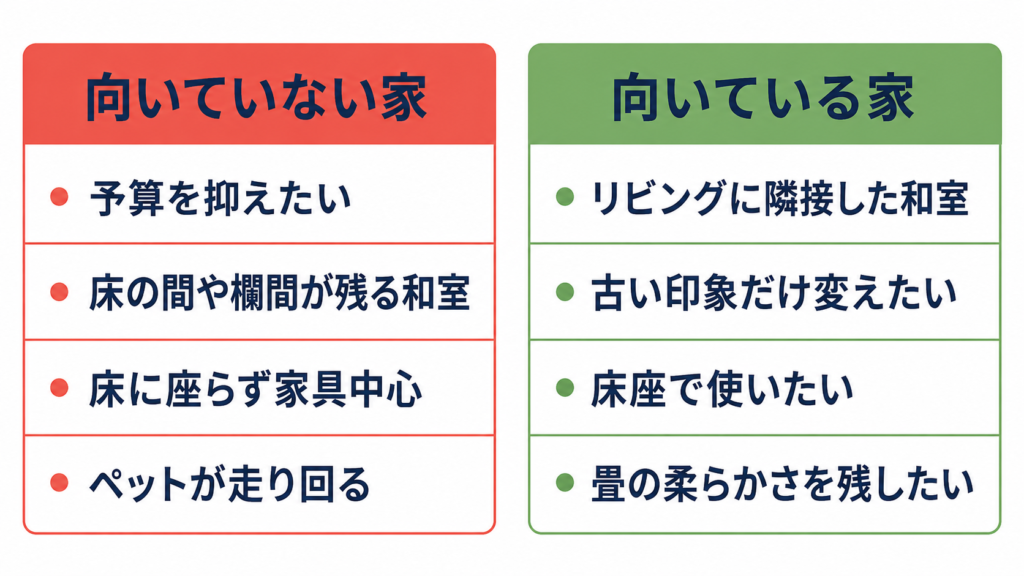 琉球畳が向いている家と向いていない家の比較図