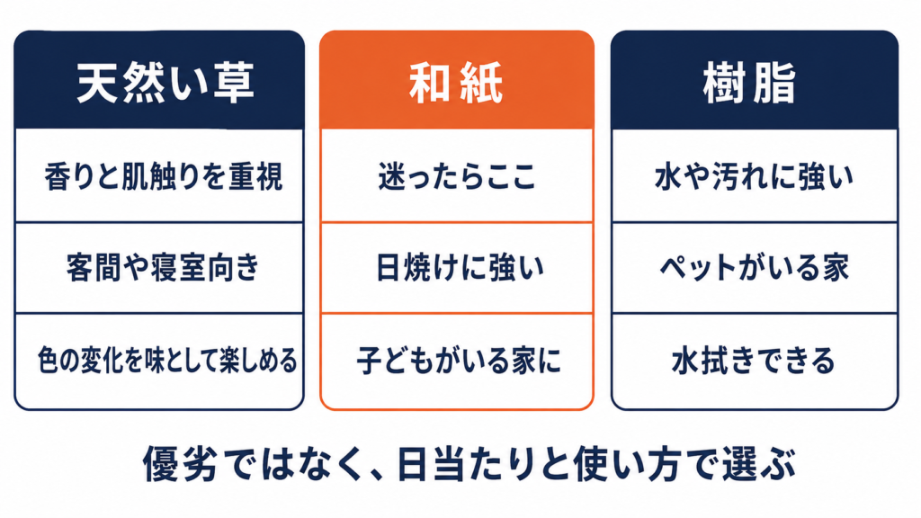 琉球畳の素材別に向いている家の比較図
