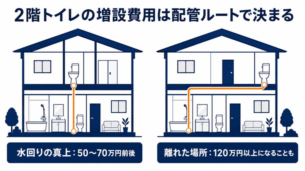 2階トイレ増設の費用は配管ルートで決まる