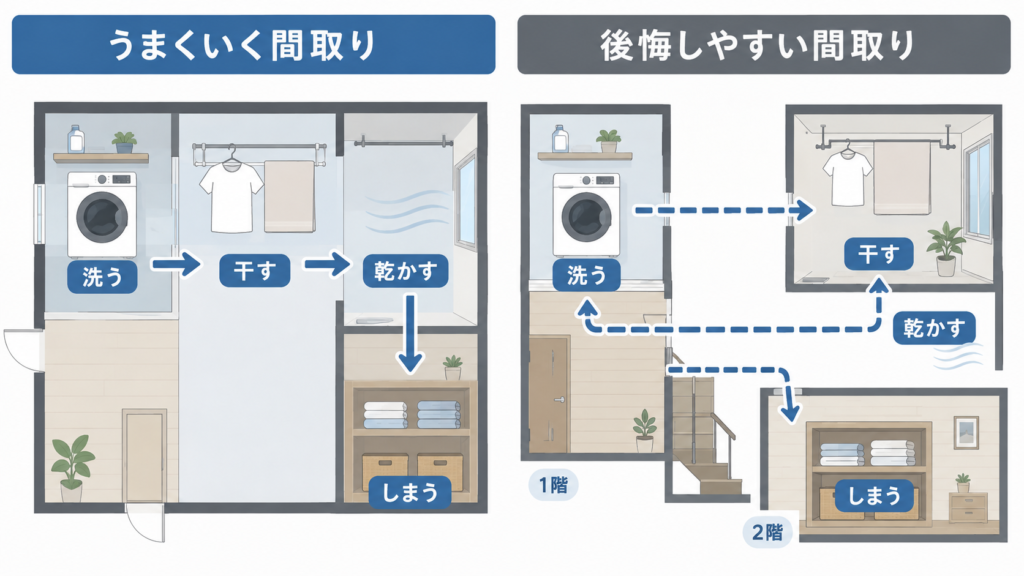 洗濯の4工程が近くにつながっている間取りと、離れている間取りを比べた図
