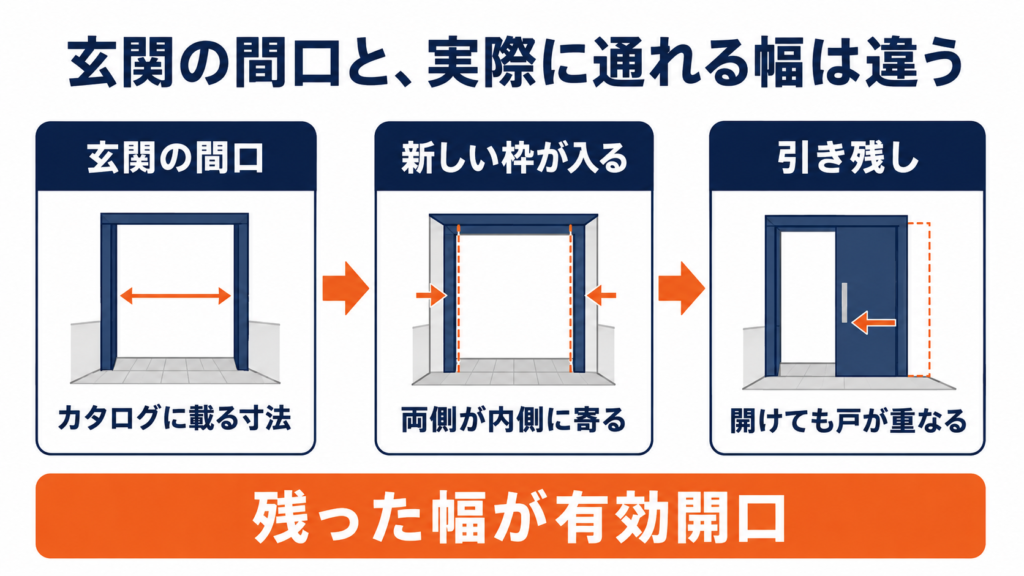 既存枠の内側に新しい枠が入り、通れる幅が狭くなることを示した図