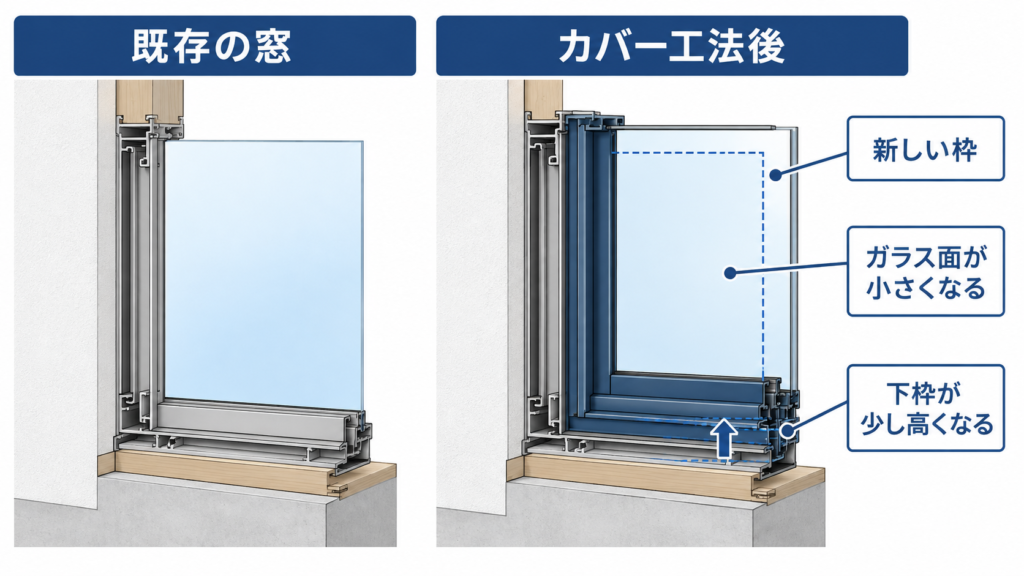既存枠の内側に新しい枠を被せるため有効開口が小さくなることを示した断面図