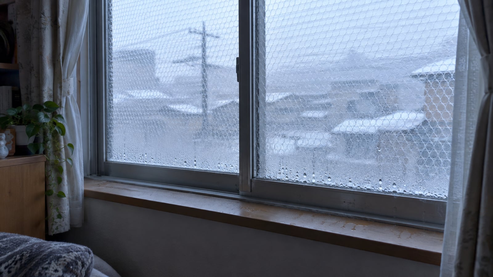 断熱シートを貼ったアルミサッシの窓と、下枠にたまった結露の水滴
