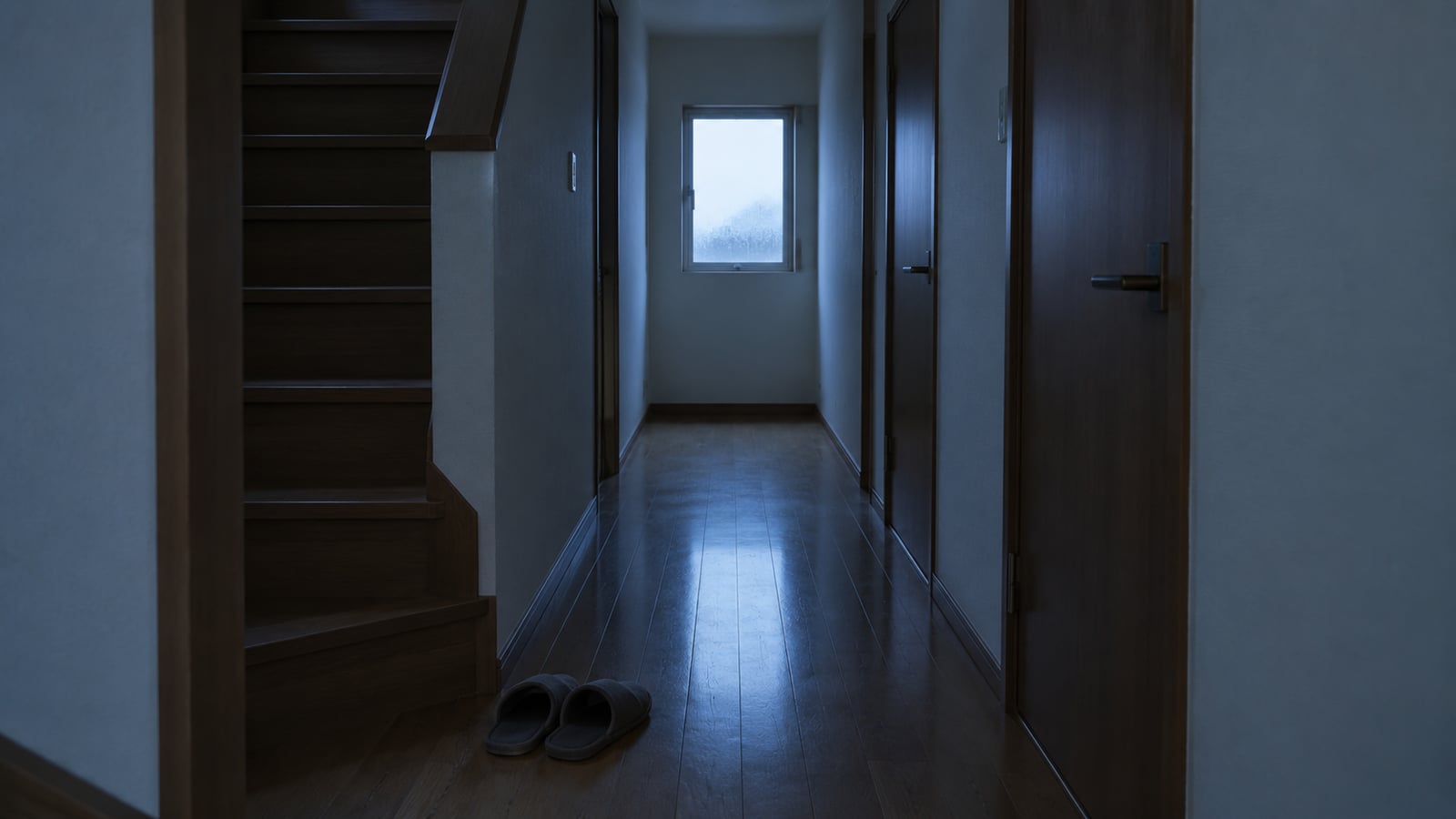 冬の朝の一戸建ての廊下と、階段の上り口と結露した突き当たりの窓
