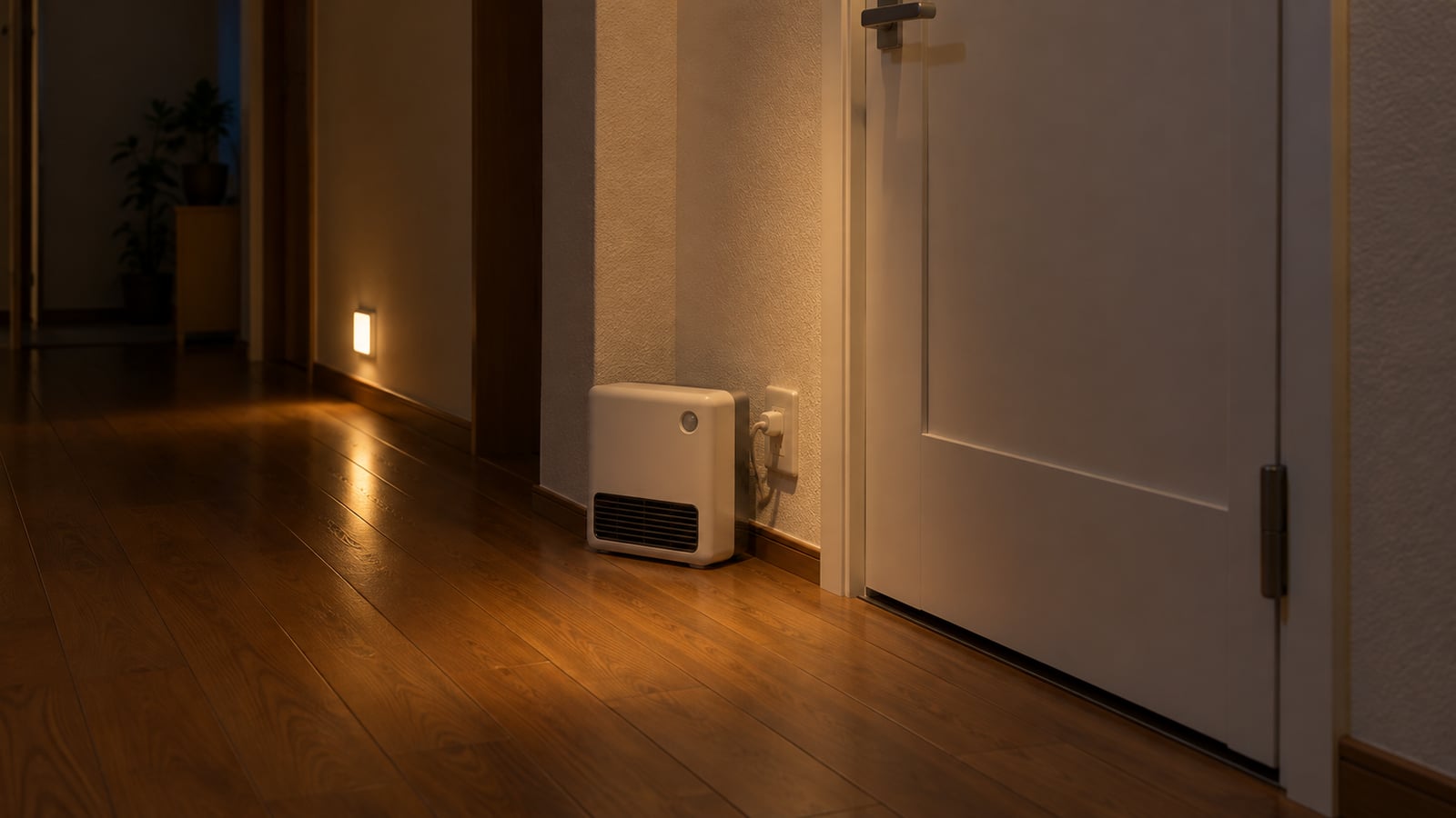 一戸建ての廊下で、トイレのドアの前に置いた人感センサー付きの小型ヒーター
