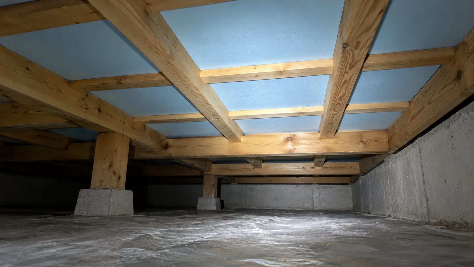 一戸建ての床下で、床の裏の木の骨組みのあいだに入れた断熱材
